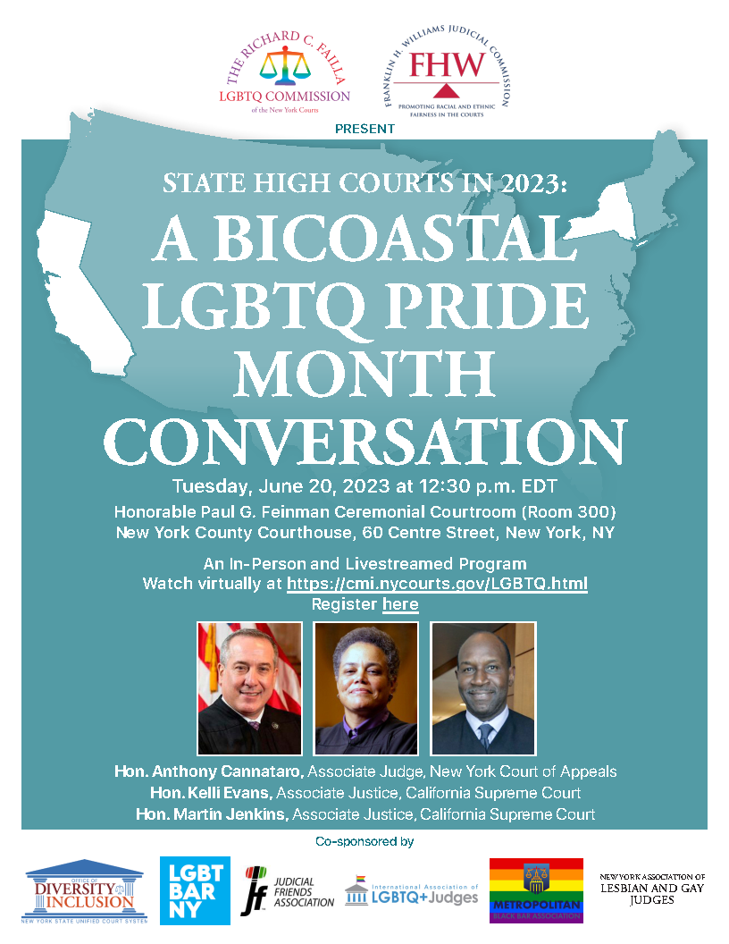Flyer for The Bicoastal LGBTQ Pride Month Conversation, to be held on June 20 at 6 p.m. at the New York County Courthouse at 60 Centre Street in New York, NY